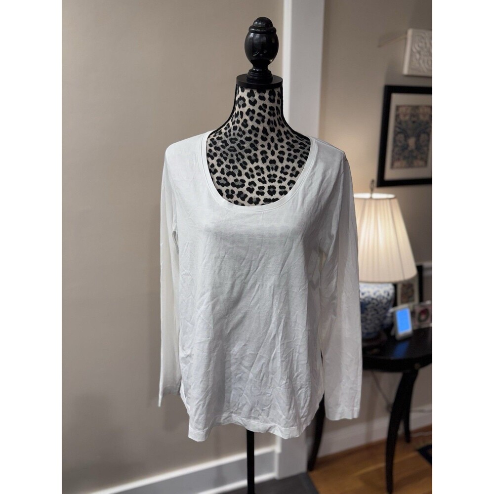 Lands End Womens White Long Sleeve Crewneck T-Shirt Size L 14-16 Cotton Tee
